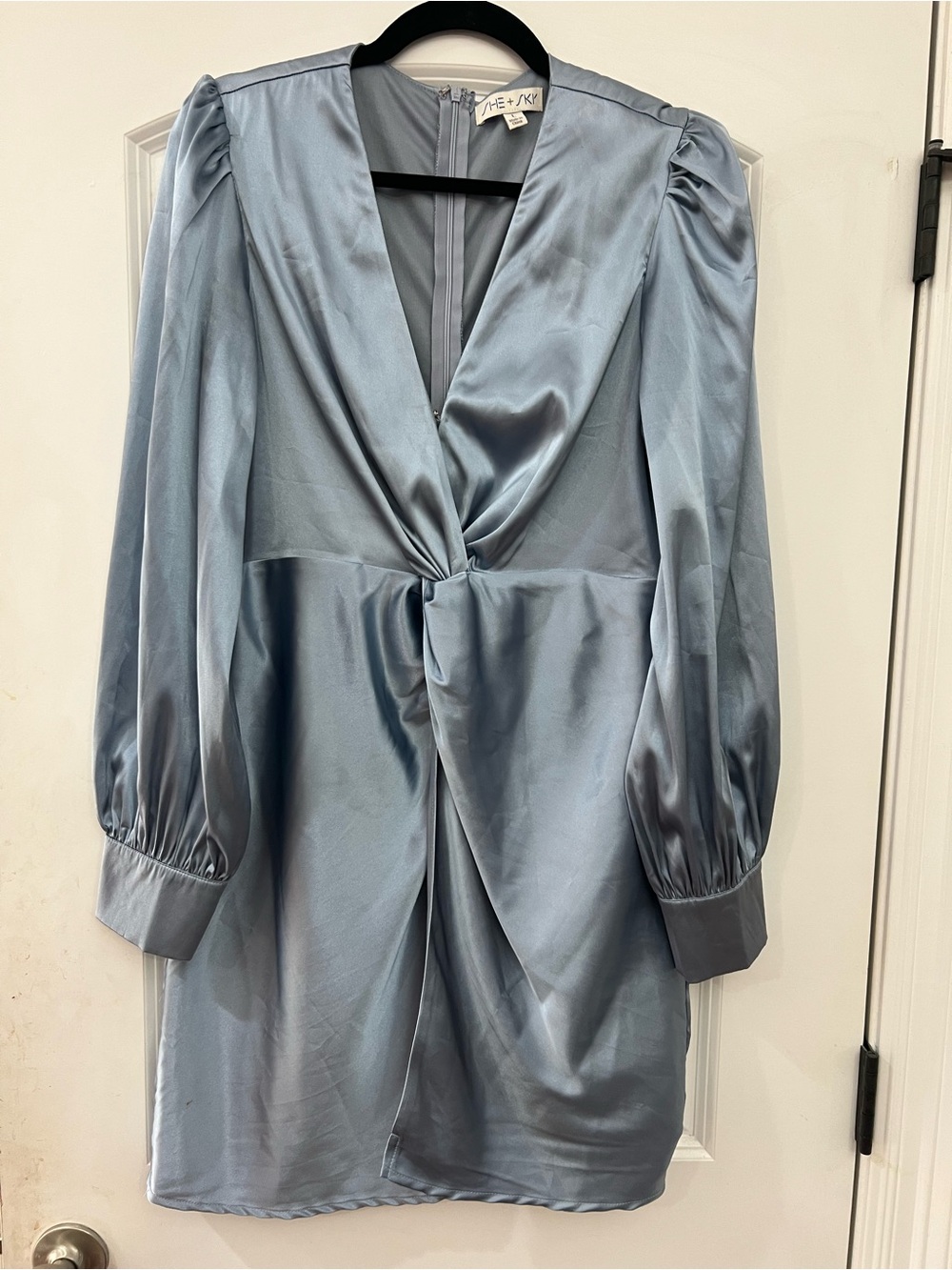She + Sky Light Blue Satin V-Neck Dress